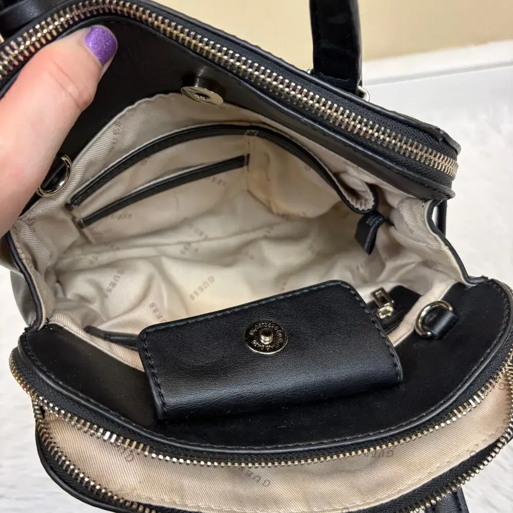 Guess Shawna Small Cali Black Leather Satchel Padlock Charm